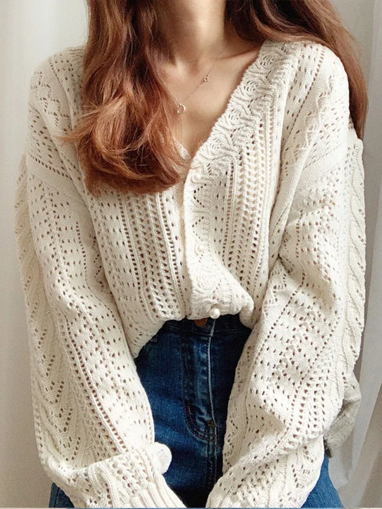 Cardigan évidé à col en V pour femmes, pulls élégants, pulls paresseux, mode coréenne, nouveau, sexy
