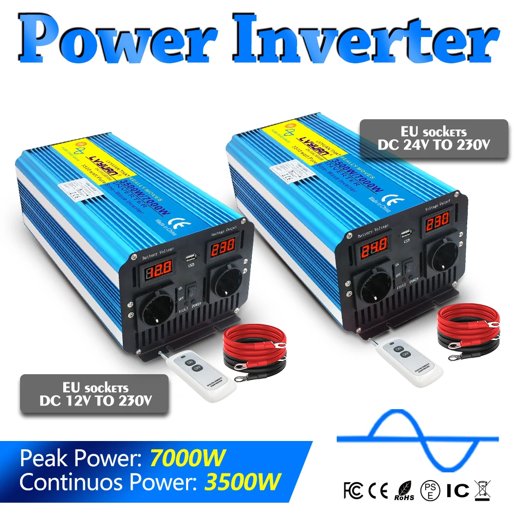 Imagem -06 - Inversor Solar de Onda Senoidal Pura Transformador de Tensão Conversor Display Led Carregamento Usb Soquete Duplo 12v 24v 220v 7000w