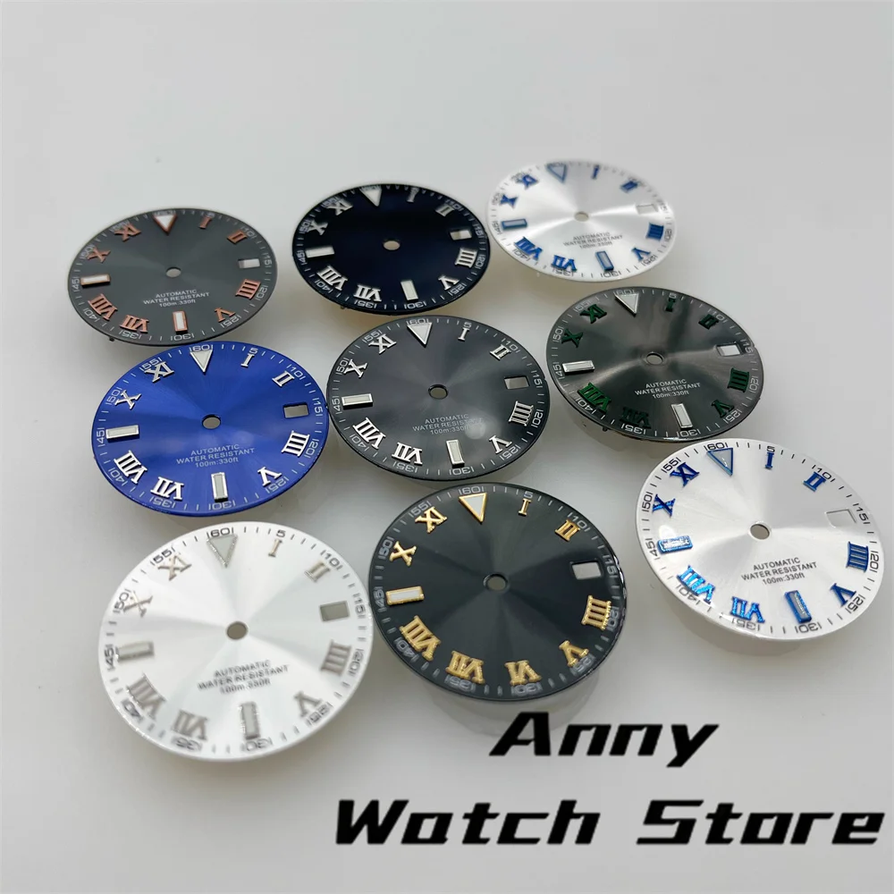 29mm Sterile Sunburst Black White Gray Watch Dial Gold SIlver Roman Index Green Glow Fit NH35 Movement 3 .0/3.8 O'clock Crown