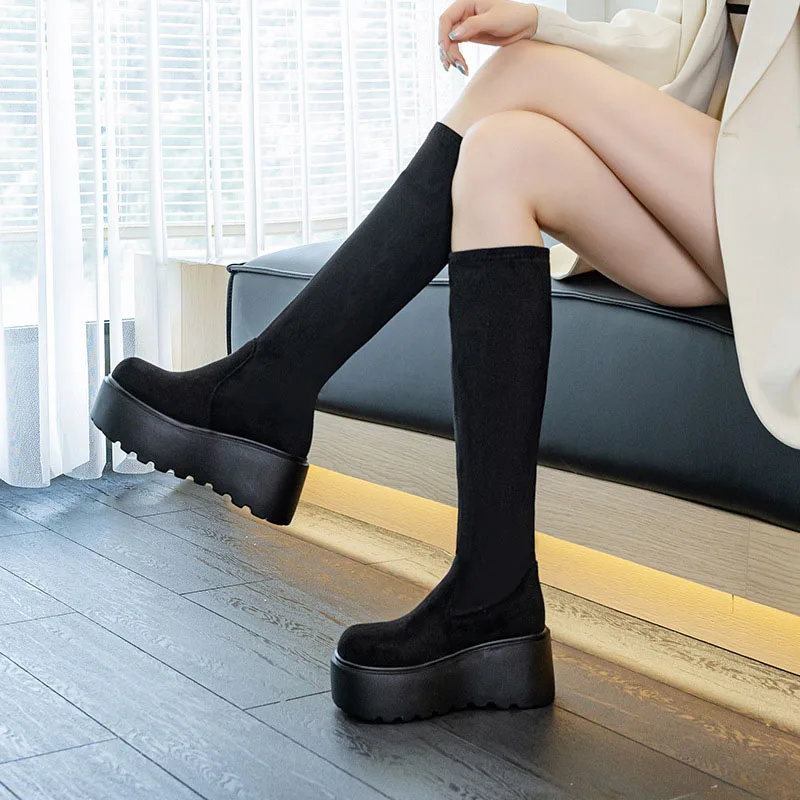 

XMWRLW/женские сапоги до колена, осенне-зимняя обувь на платформе, модные женские высокие сапоги на толстой подошве 8 см, нескользящие женские ботинки