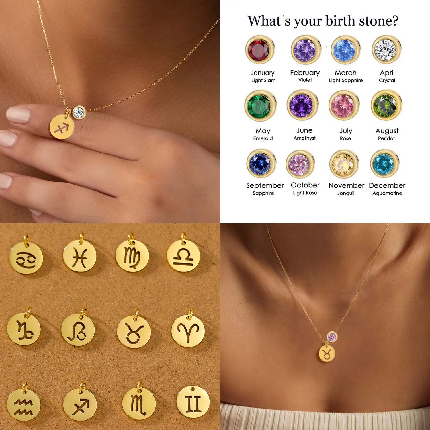 CARLIDANA Hot Sale Stainless Steel 12 Month Birthstone Necklace Gold Plated 12 Horoscope Zodiac Pendant Necklace for DIY Jewelry