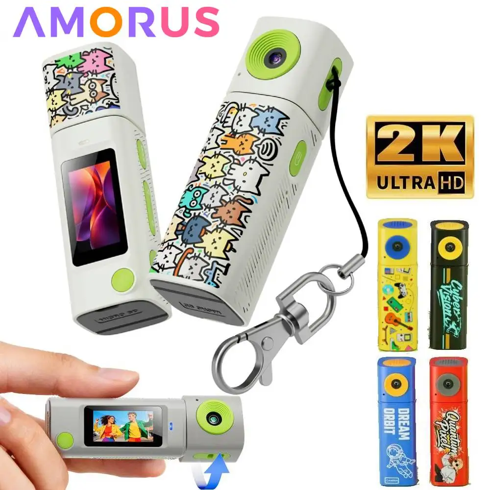 Caméra miniature CCD 2K pour étudiants, caméra d'action avec 230° de vue °   Caméra portable à objectif rotatif pour photos et vidéos, avec porte-clés