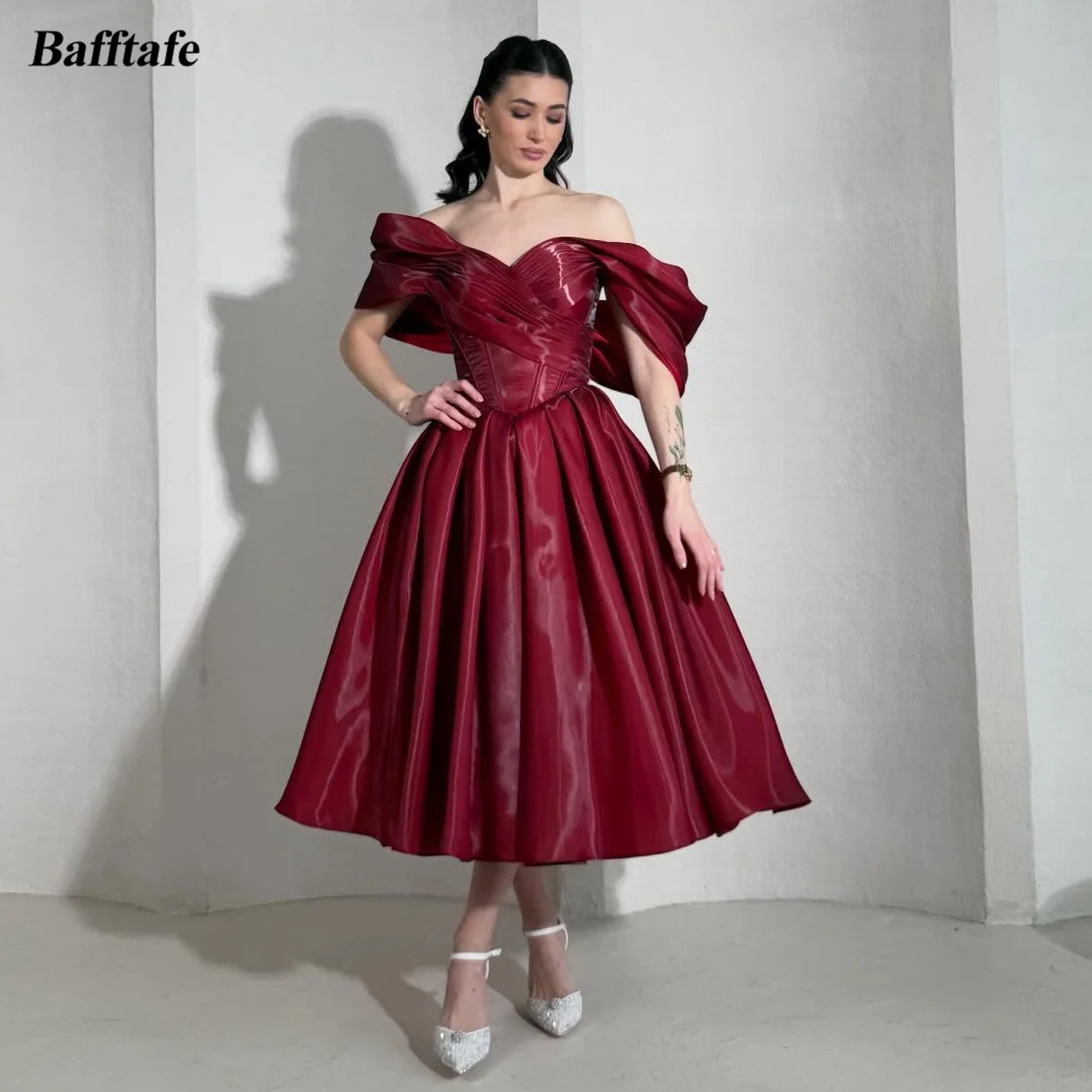 

Короткие атласные платья Bafftafe A Line Sky Satin, индивидуальный пошив, с открытыми плечами, плиссированные, женские вечерние платья для торжественных мероприятий.