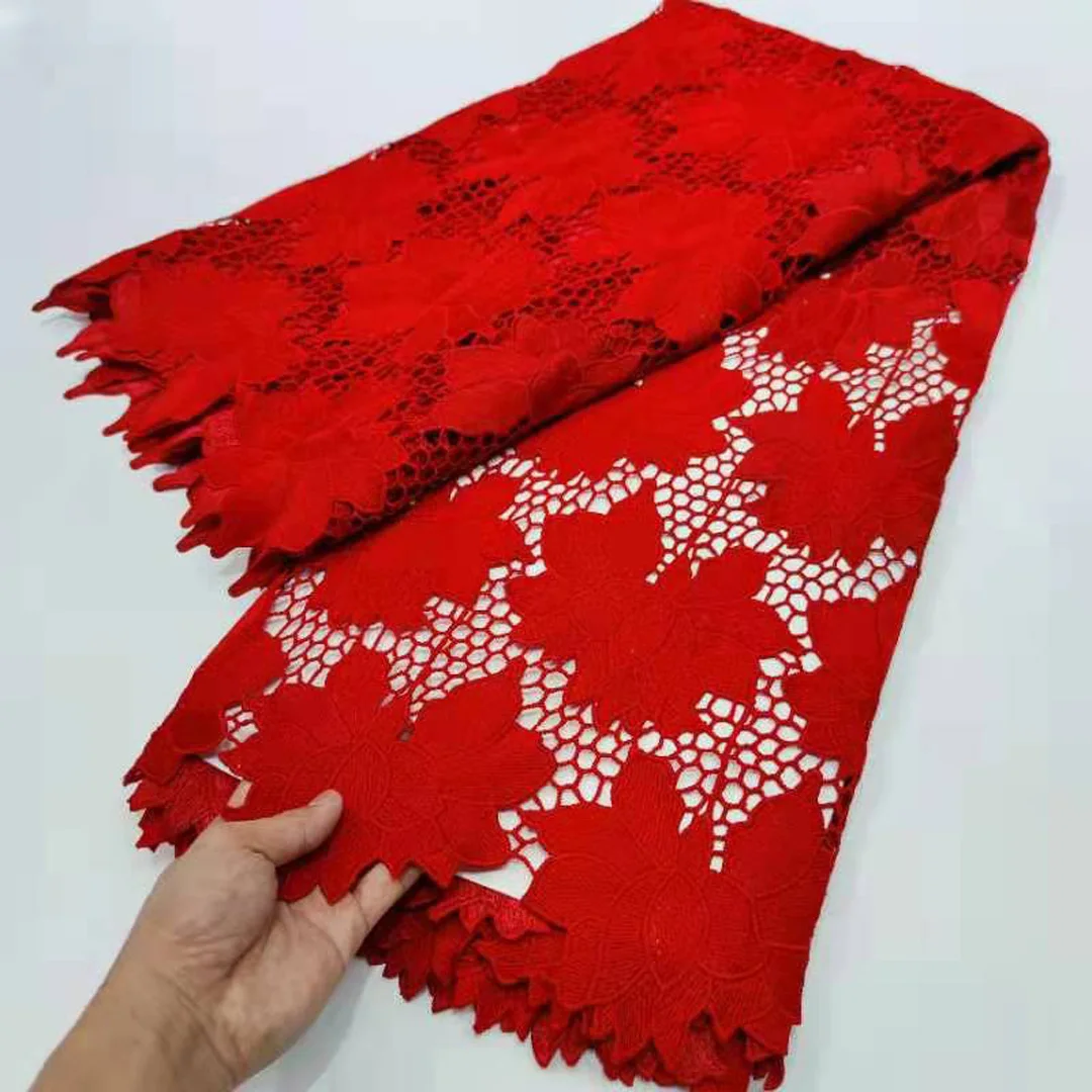 

(5yards/pc) High quality plain red African cord lace fabric beautiful flowers water soluble lace for party dress WYY026