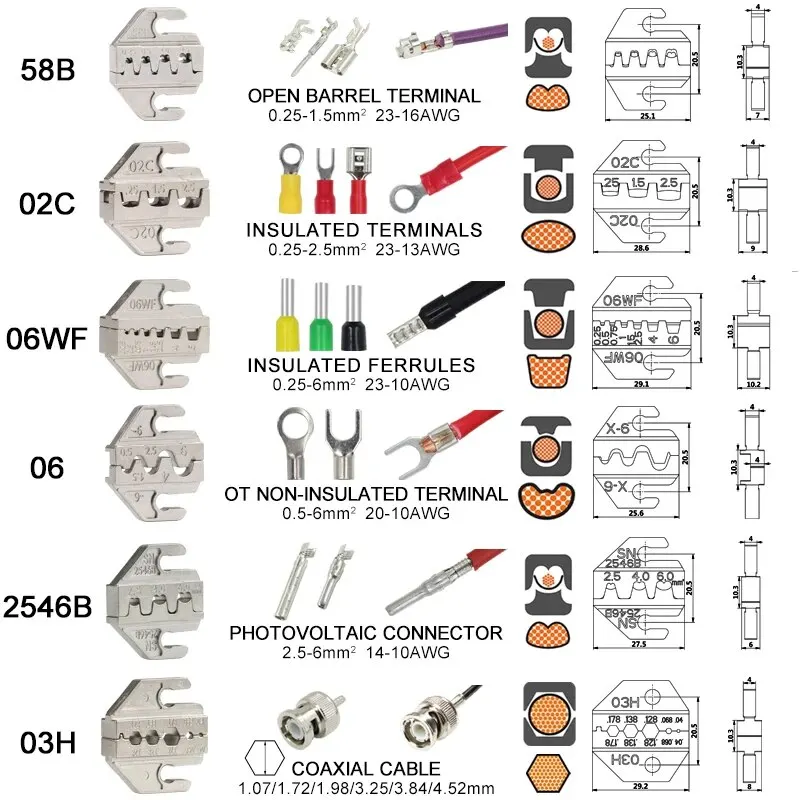 Ratcheting Crimping Tool Set 7 Jaws For Open Barrel,Insulated/Non-Insulated Ferrules, Butt,Solar,Coax Connectors,SN-2549S