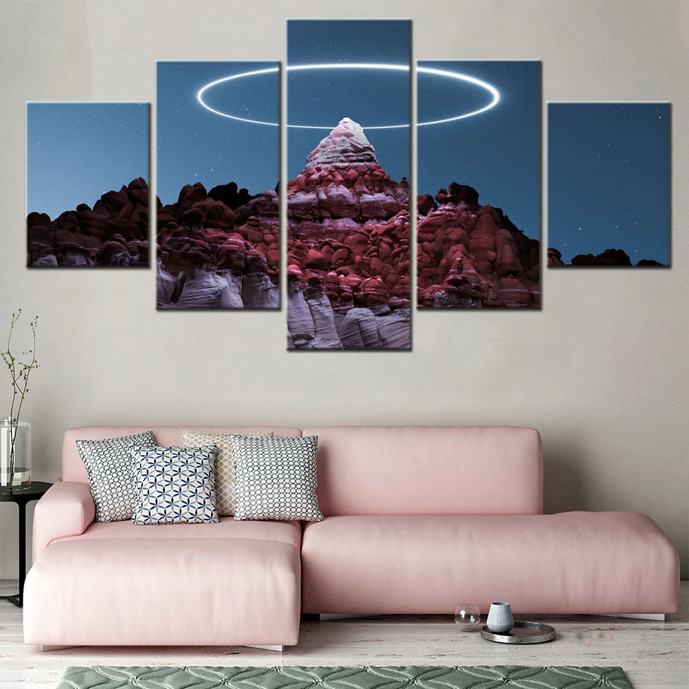 5 Pieces Canvas Wall Arts Landscape Poster Painting Nature Circle Light Mountain Peak Wallpaper Modern Home Decor Living Room