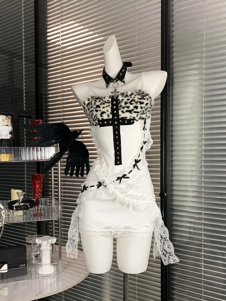 

ibuya Spicy Girl Готический леопардовый принт с кружевной оберткой, облегающее платье на Хэллоуин, костюм с высокой талией, полиэстеровая юбка