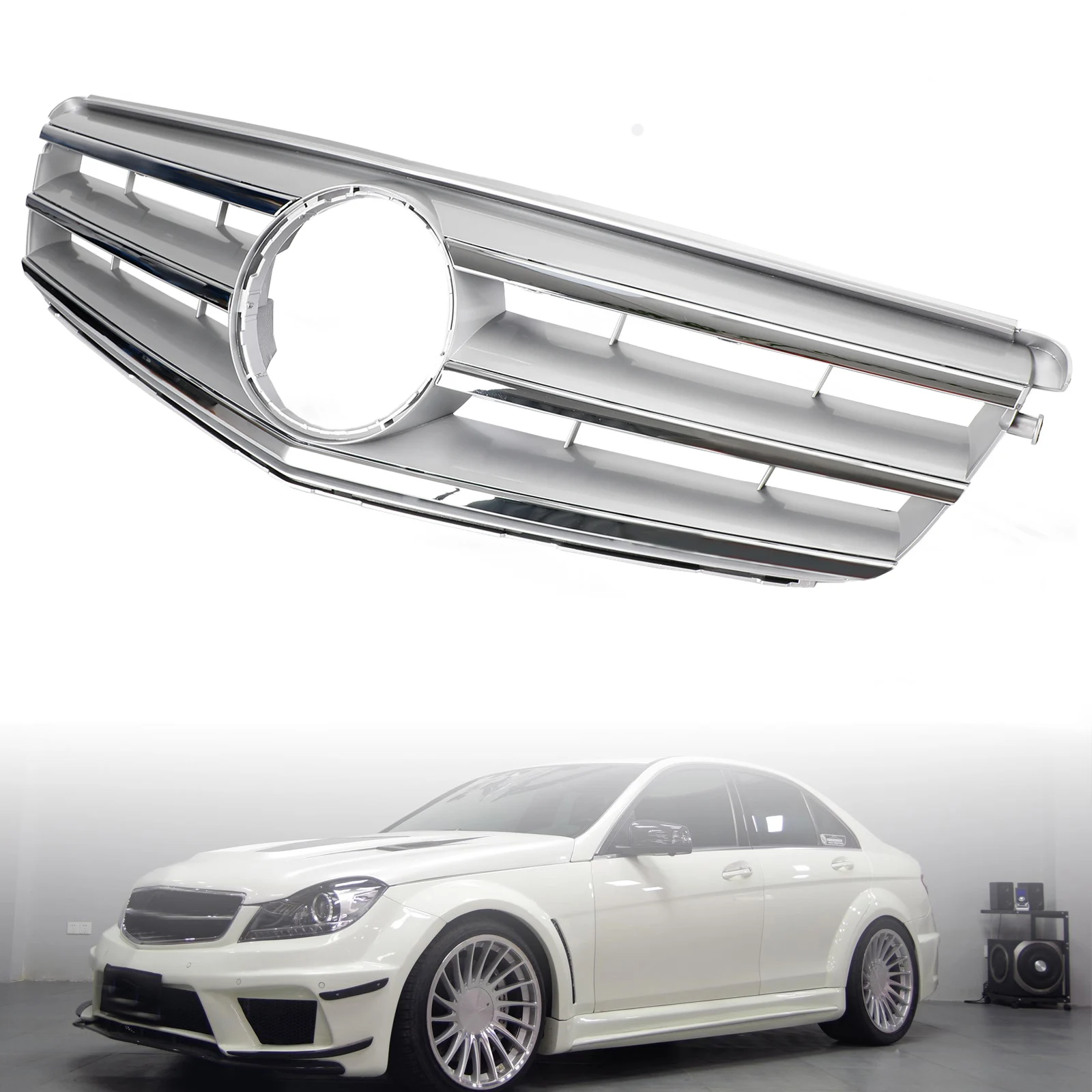 Решетка переднего бампера Artudatech, подходит для Benz C Class W204 со светодиодной эмблемой C300/C350 08-14, хром