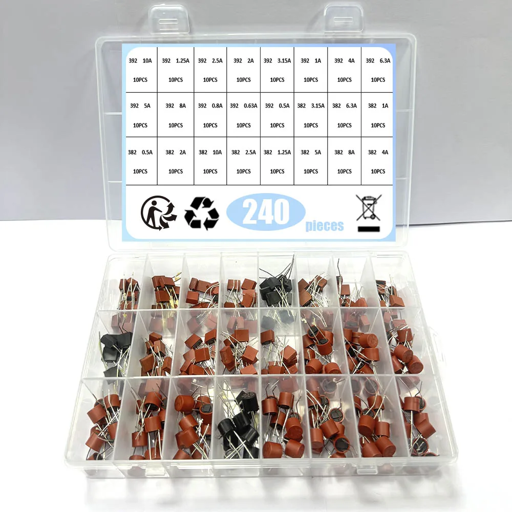 240Pcs 382 392 24Values Blow Cylindrical Fuse 0.5A 1A 1.25A 2A 3.15A 4A 5A 6.3A 8A 10A Amp For LCD TV Power PCB Insurance Kit