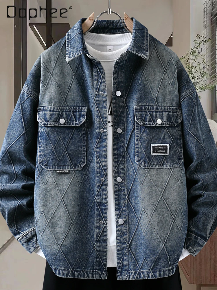 

2024, весна и осень, новая американская ретро мужская сине-черная джинсовая куртка, свободная повседневная белая, черная, серая куртка с буквенным принтом