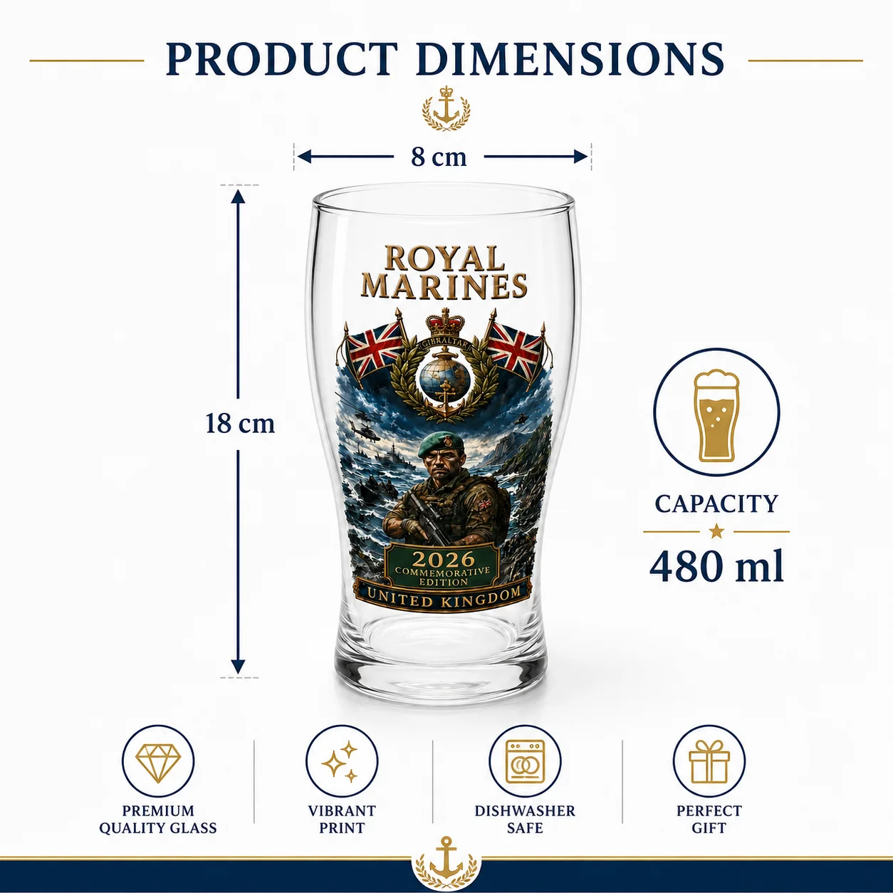 Royal Marines 2026 Commemorative Beer Glass UK Military Printed Pint Cup Collector Gift Bar Drinkware