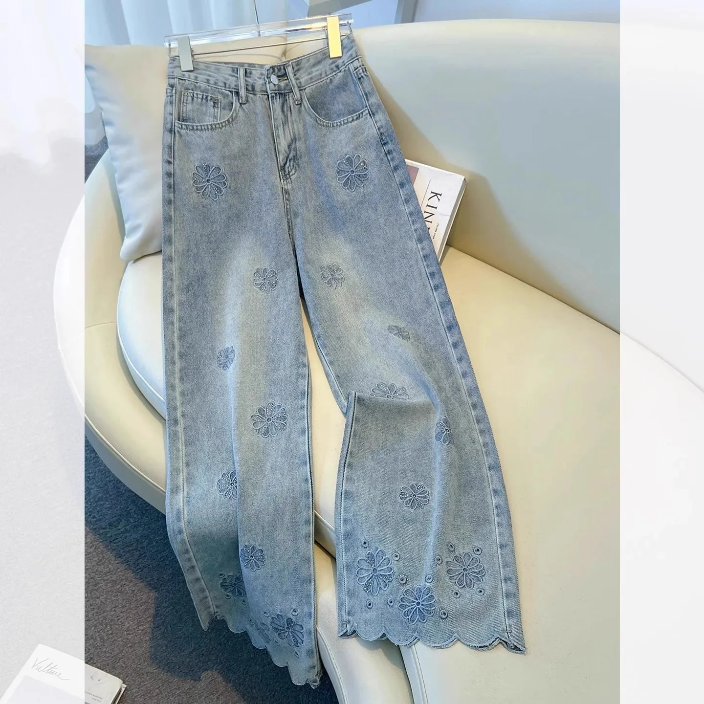 Damskie jeansy z szerokimi nogawkami, wzorzyste, streetwearowe, sprane, z wysokim stanem, proste spodnie z kieszeniami, vintage, długość do kostek, jesienne.