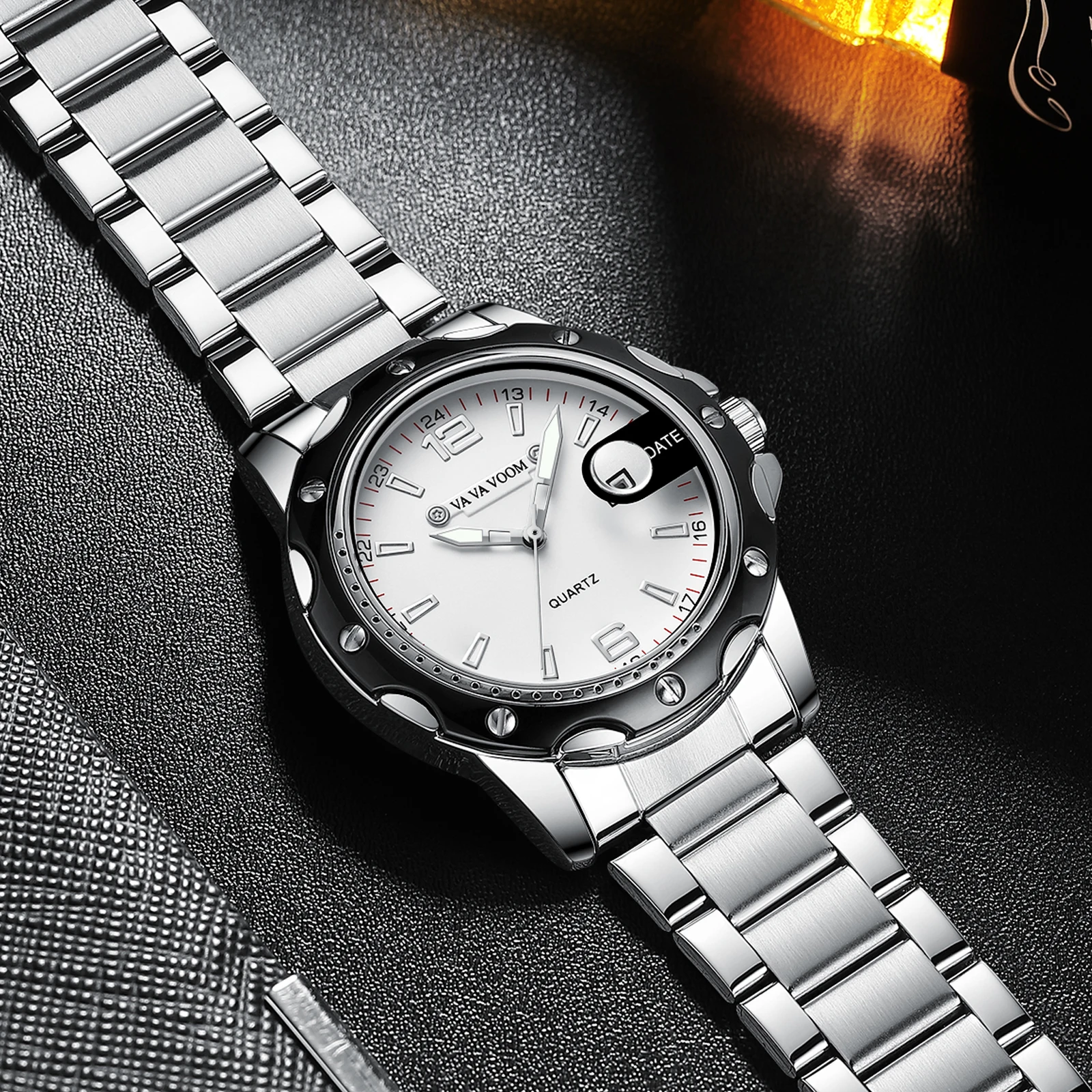 ساعة كوارتز فاخرة من VA VA VA VOOM للرجال بنمط عمل عصري وحزام من الفولاذ المقاوم للصدأ فضي وأسود وإضاءة ليلية أصلية للرجال