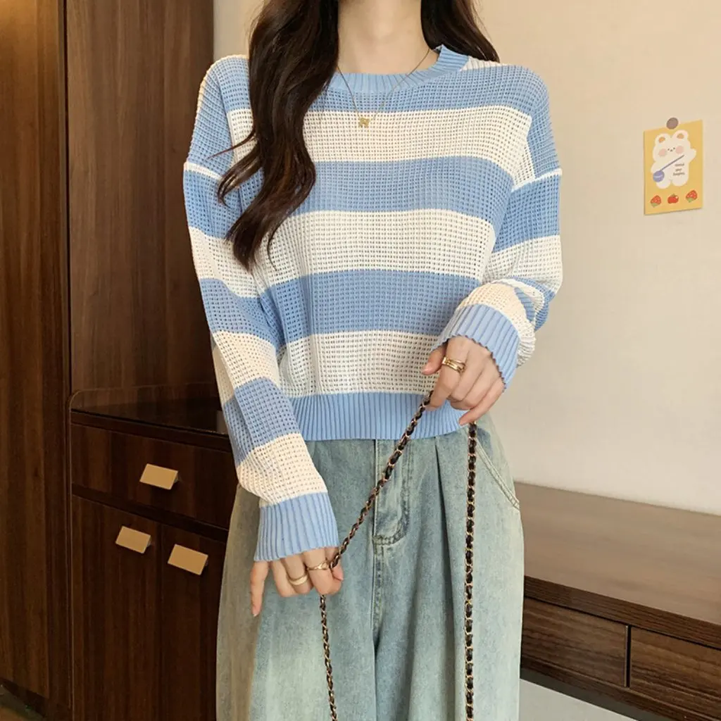 

Women's Korean Style Striped Hollow Top Sweater Autumn New Fashion Ins Design Thin Cardigan for Ladies' Casual Wear