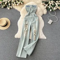 American Retro Jumpsuit Jeans Pure Desire Spicy Girl Hole Exposed Waist Chic Slim Fit Pants Fashion High Street Women's Trousers