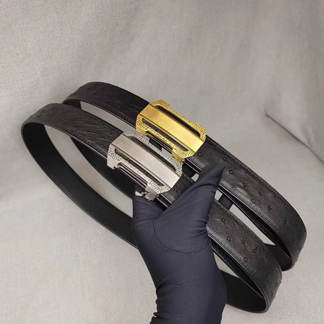 

Мужской ремень из натуральной страусиной кожи с пряжкой из нержавеющей стали золотого/серебряного цвета, ширина 3,5 см, регулируемая длина, 110/125 см, черный