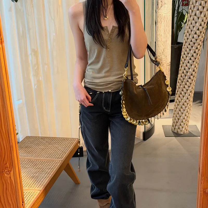 New Vintage Metallic Flow Decor Deerskin Suede Scrub Tote Luxury Casual Single Shoulder Armpit Sling Bag Open Stylish