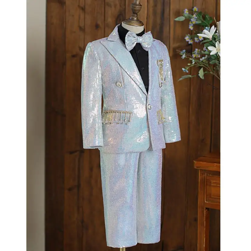 5PCS 2023 New Children\'s Host Performance Suit Sequins Design Boys Sets Kids Birthday Wedding Formal Party Costume A3058