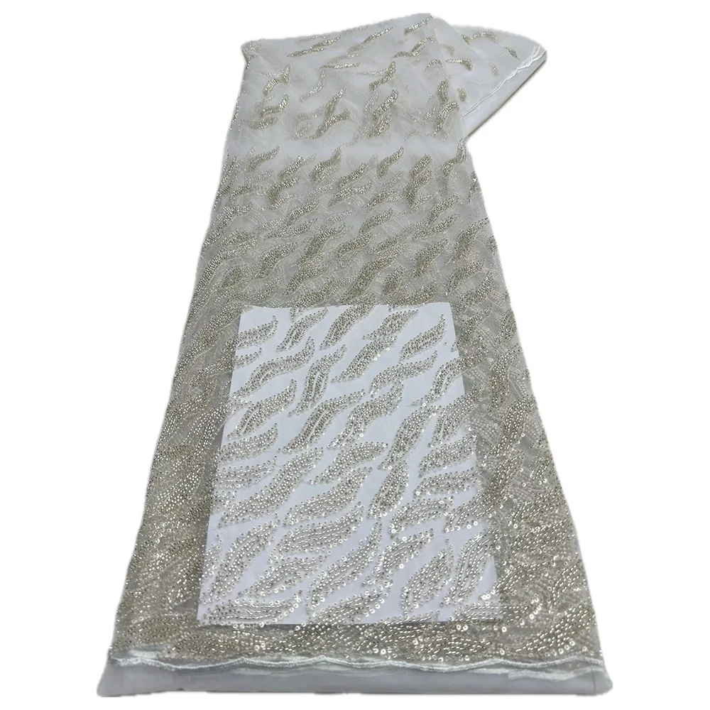 

African Luxury White Lace Fabrics Latest Sequin Beaded Groom Embroidery French Tulle Mesh Lace Fabric Material For Party Wedding