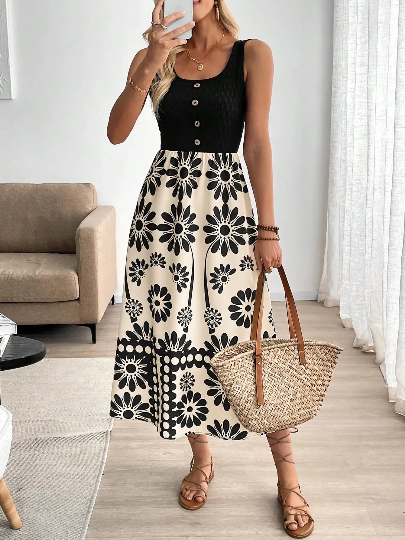 

Women's Sleeveless Floral Print A-Line Midi Dress with Button Front