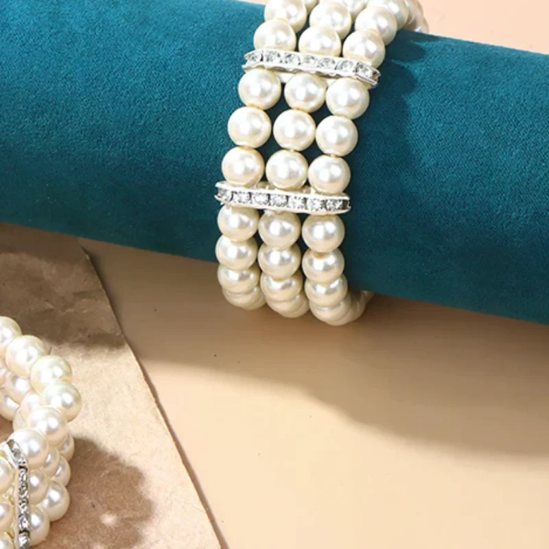 3 Rows Pearl Rhinestone Bracelet Elasticity Bracelet Simulated Pearl Multilayer Beaded Bangles Women Jewelry Gift