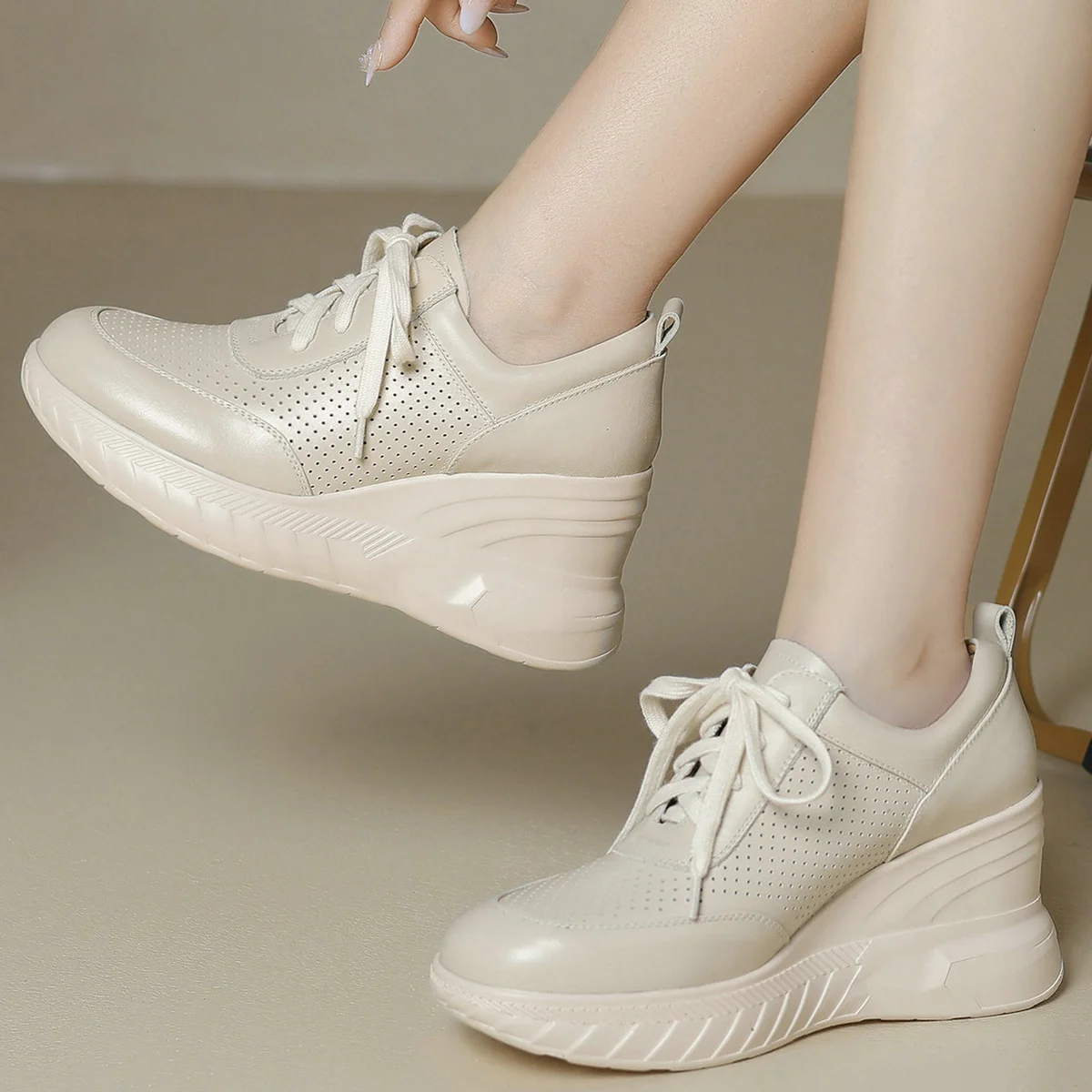 

2025 Platform Pumps Shoes Women Genuine Leather Wedges High Heel Vulcanized Shoes Female Round Toe Fashion Sneakers Casual Shoes