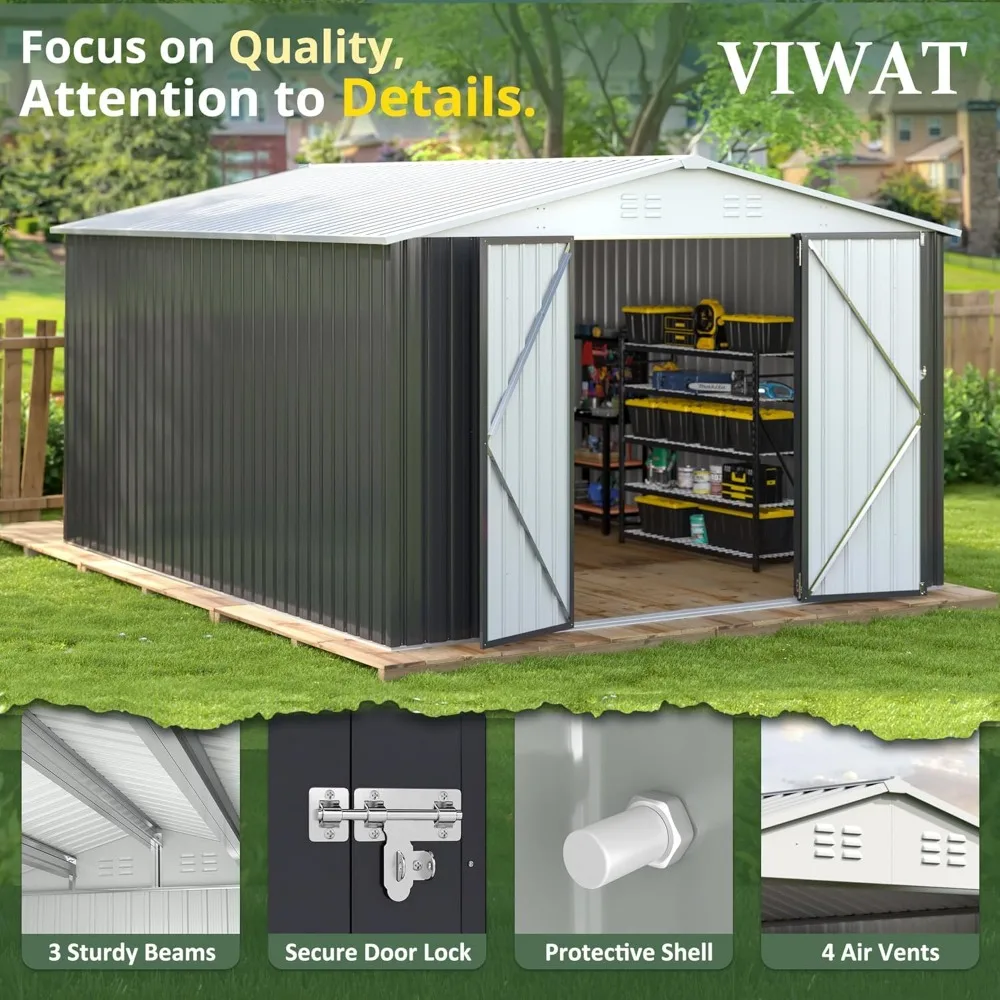 10x12 FT Outdoor Storage Shed, Garden Shed with Updated Frame Structure and Lockable Doors, Metal Tool Sheds for Backyard Garden