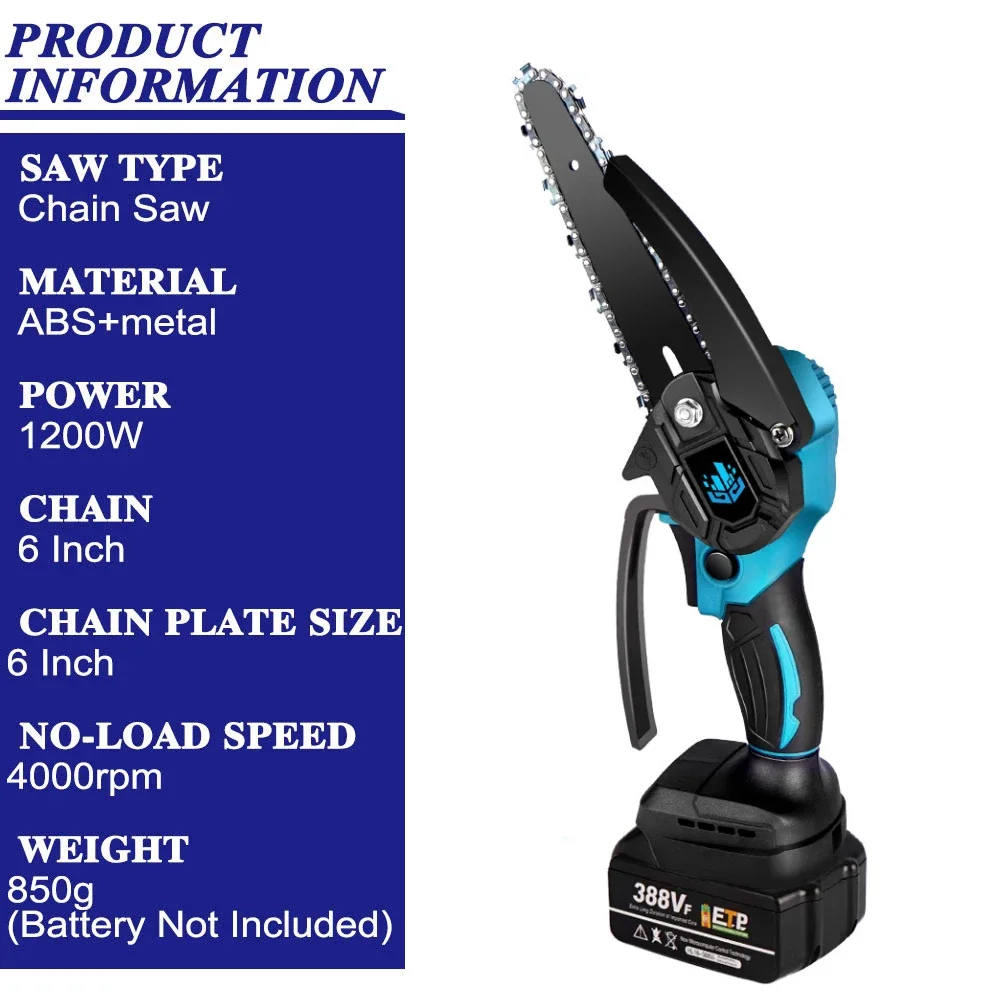 6Inch Mini Electric Chain Saw 1200W Battery Chainsaw Rechargeable Handhold Wood Cutting Garden Power Tool For Makita 18V Battery