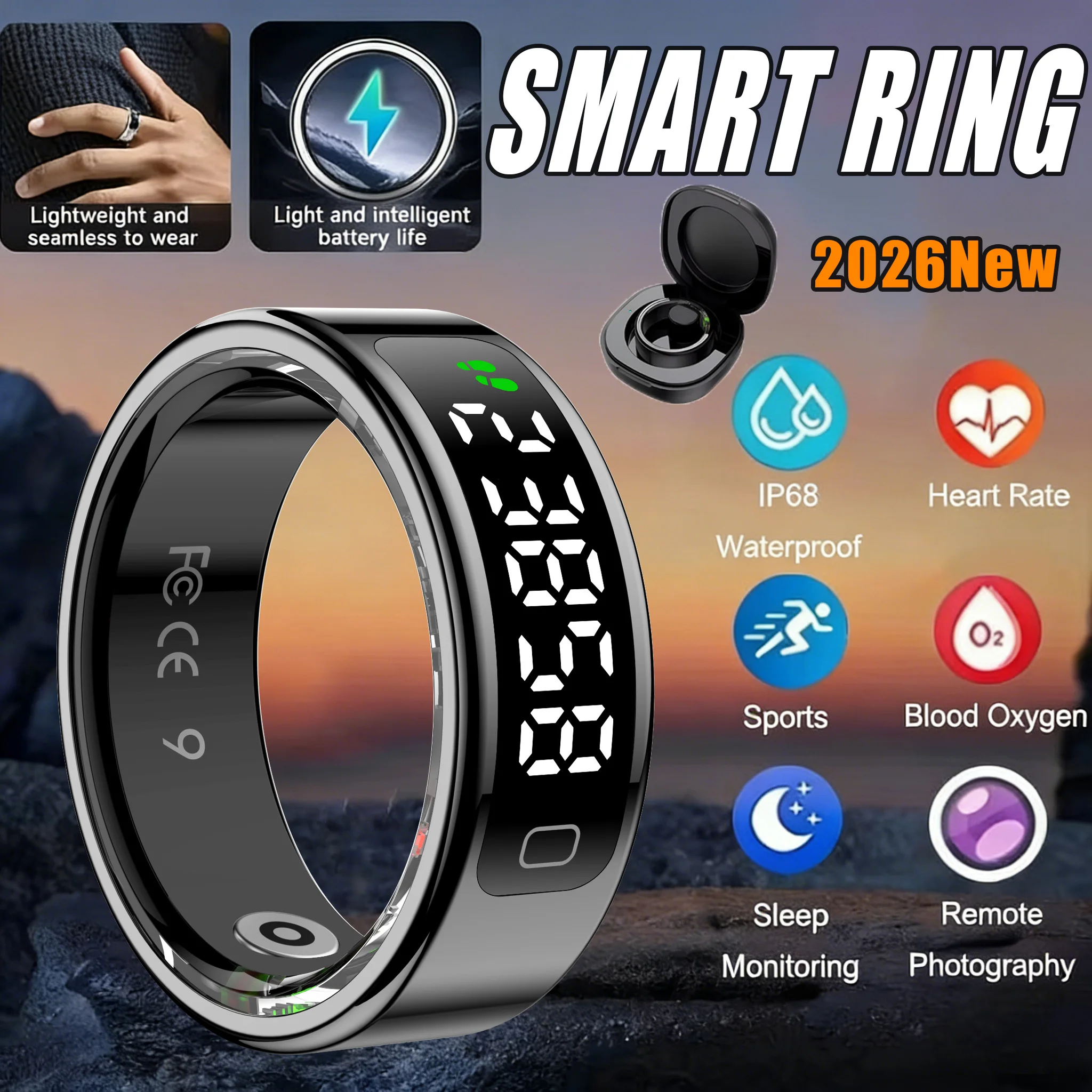 

Smart Ring 2026 Men Women LED Display Screen Heart Rate Blood Oxygen Sleep Monitoring 5ATM Waterproof Multi-Sport Mode Smartring