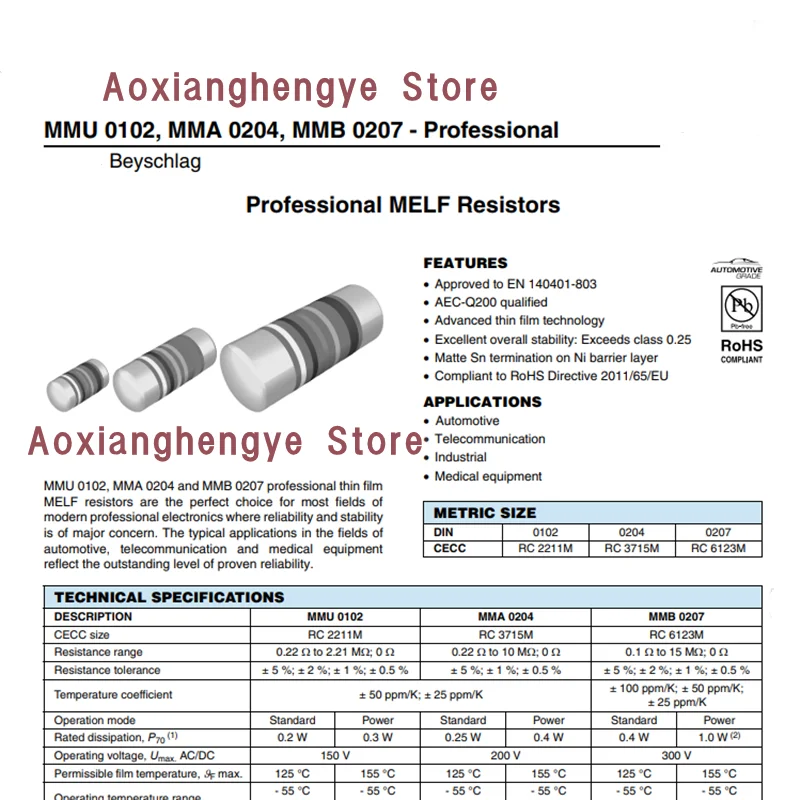 مقاومات SMD MELF احترافية ، MMU0102 ، 0R ، 1R ، 1.2R ، 1.5R ، 1.8R ، 2R ، 2.2R ، 2.4R ، 2.7R ، 3R ، 3.3R ، 3.6R ، 3.9R أوم ، 20