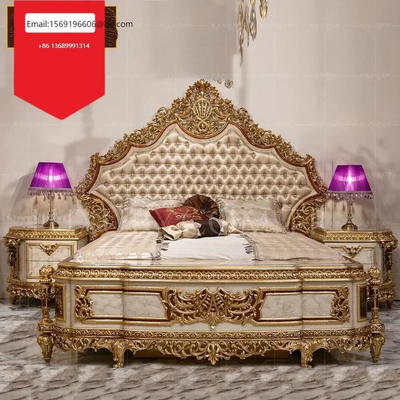 

European full solid wood carved double French luxury cloth master princess bed Prince bed frame