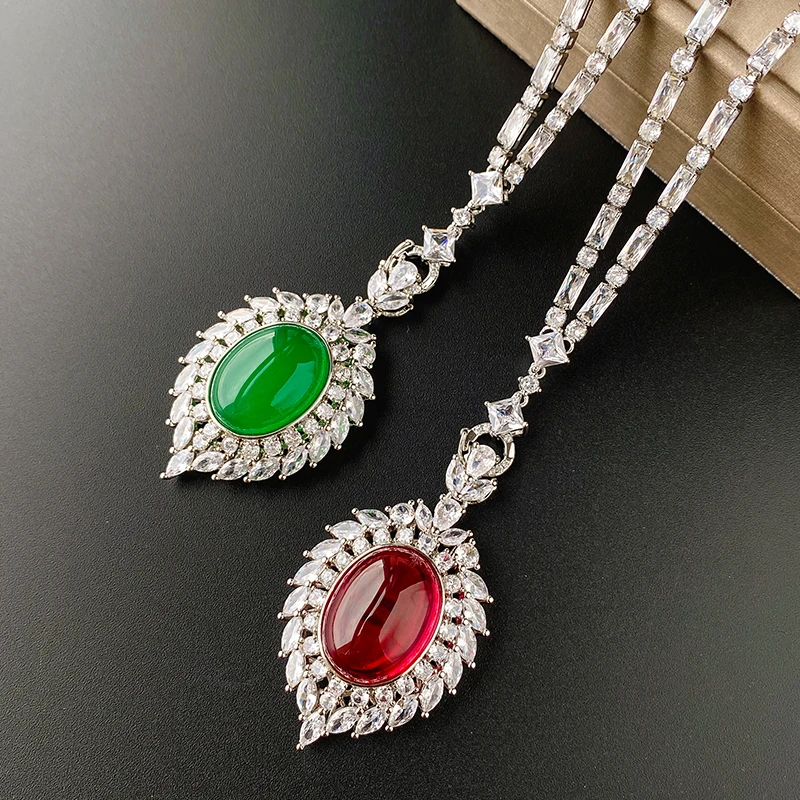 EYIKA Vintage Oval Shape Lab Emerald Ruby Stone Fine Jewelry Red Chalcedony Pendant Baguette CZ Tennis Chain Necklace for Women