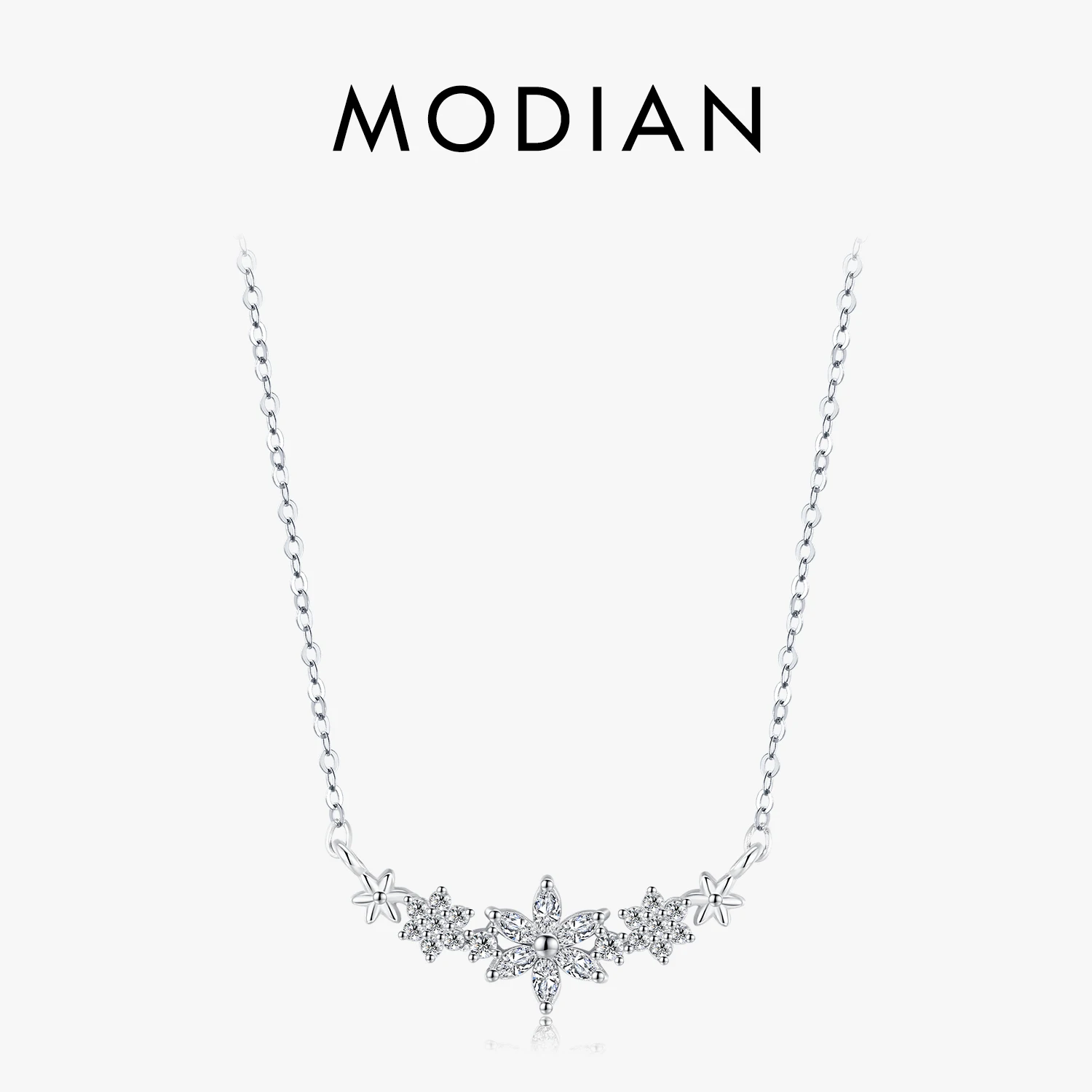 Modian 925 Sterling Silver olśniewający przezroczysty CZ z stokrotką wisiorek kwiatowy naszyjnik dla kobiet Link Chain biżuteria zaręczynowa ślubna