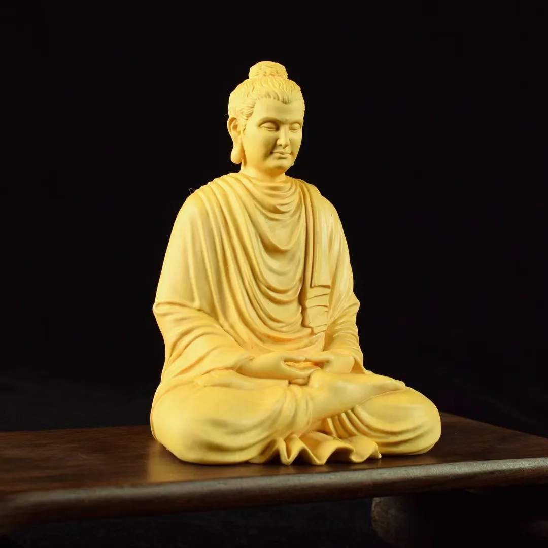 Natural Boxwood Shakyamuni Buddhist Statue, Solid Wood Carving，Lndian Figure Buddha，Home Room Office Feng Shui Statue