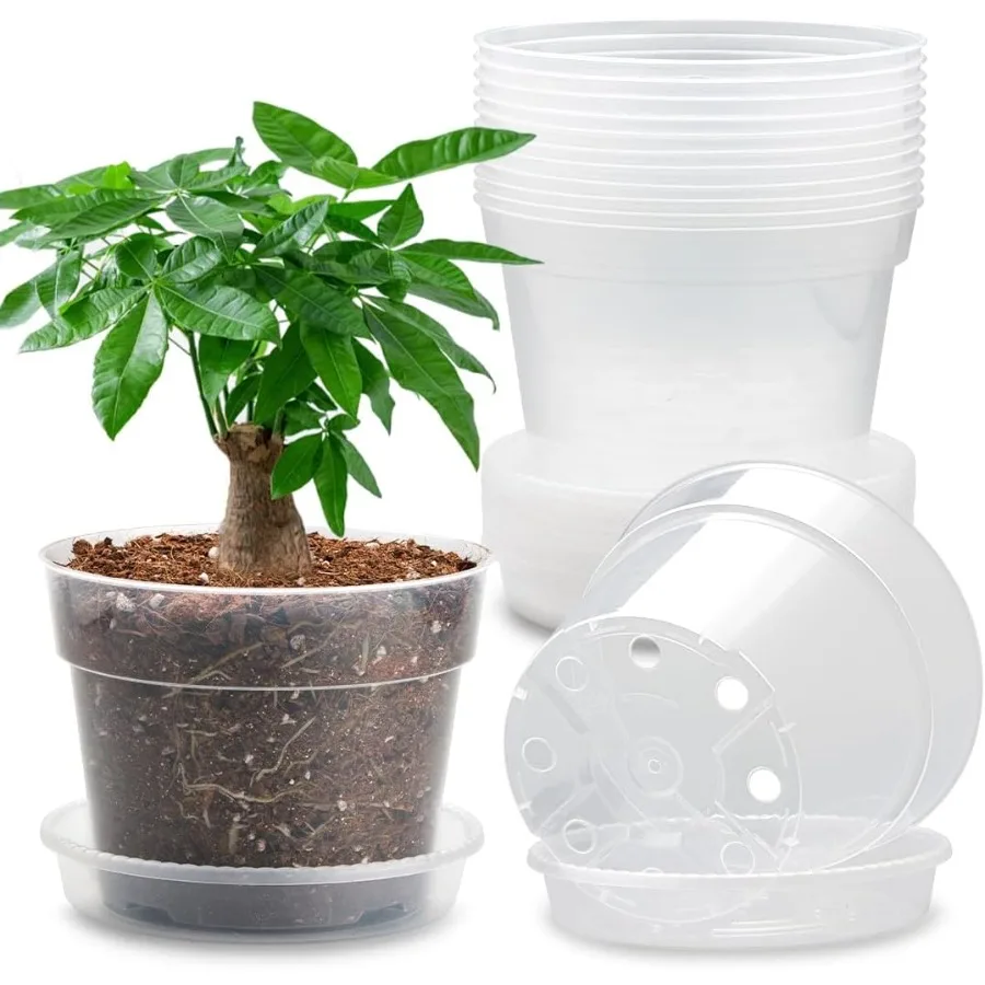

12 Pack 7 Inch Clear Nursery Pots with Saucer Transparent Plastic Plant Pots with Drainage Holes Sturdy Plant Starter Pots Plan