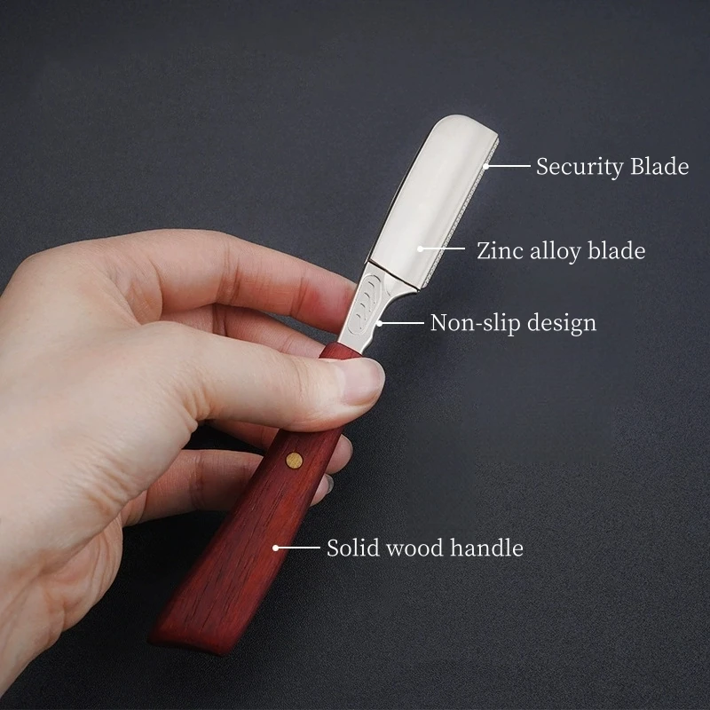 Wooden Beard Trimmer Retro Straight Handle Shaver Men's Manual Shaving Razor Barber Shop Styling Tools Replaceable Feather Blade