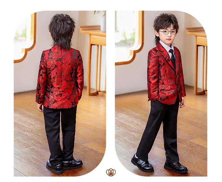 Roter Jacquard-Anzug für Jungen im chinesischen Stil, formeller Smoking für Kinder für Gastgeberauftritte, Klavierauftritte, Modenschauen, Hochzeiten und Partys – Detail 9