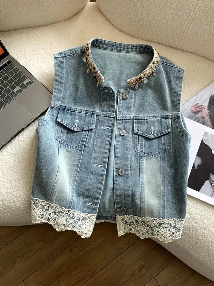 Denim vest jacket women's short vest spring  sequined lace flower sleeveless vest outer wear 2025