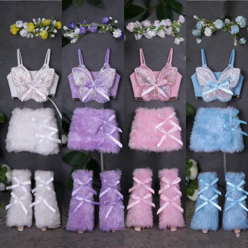 Plush clothes set + foot cover / butterfly top + skirt + foot straps / 30cm doll clothing outfit For 1/6 Xinyi FR ST BB Doll