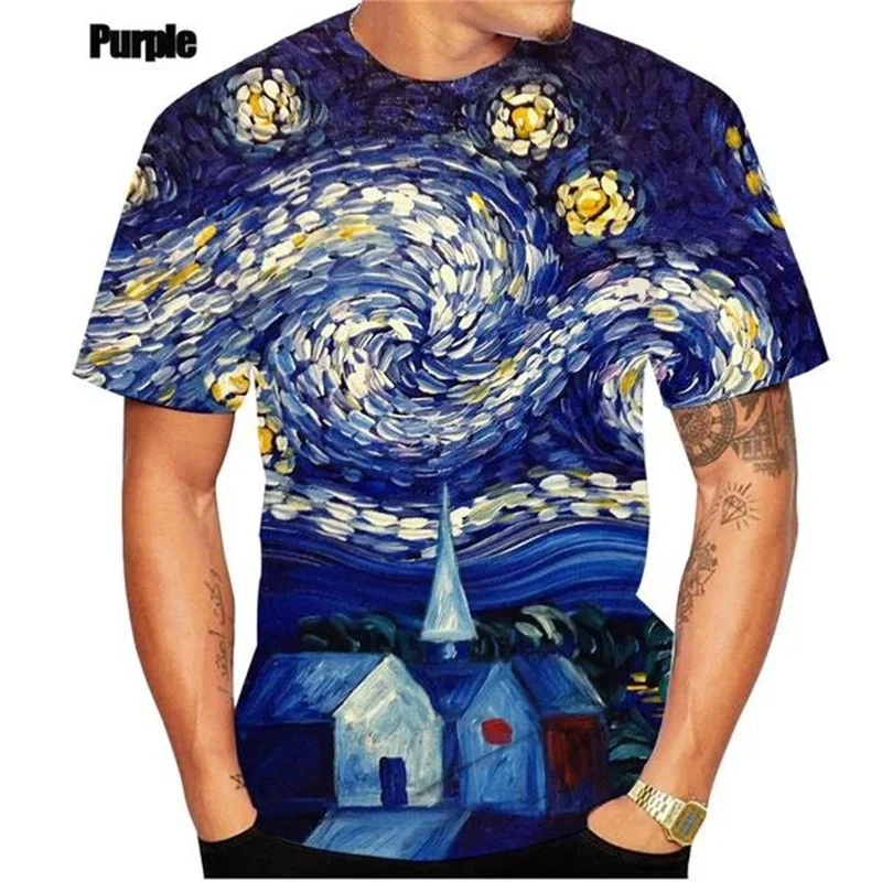 Art Oil Painting Pattern T Shirt For Men Starry Sky Sunflower Portrait 3D Printed T-Shirts Casual O-Neck Short Sleeve Loose Tees