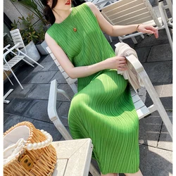 Summer Miyake Pleats Classic Basic Straight Sleeveless Vest Dress Fold Versatile Fashion Western-style Bottom Skirt 8 Colors