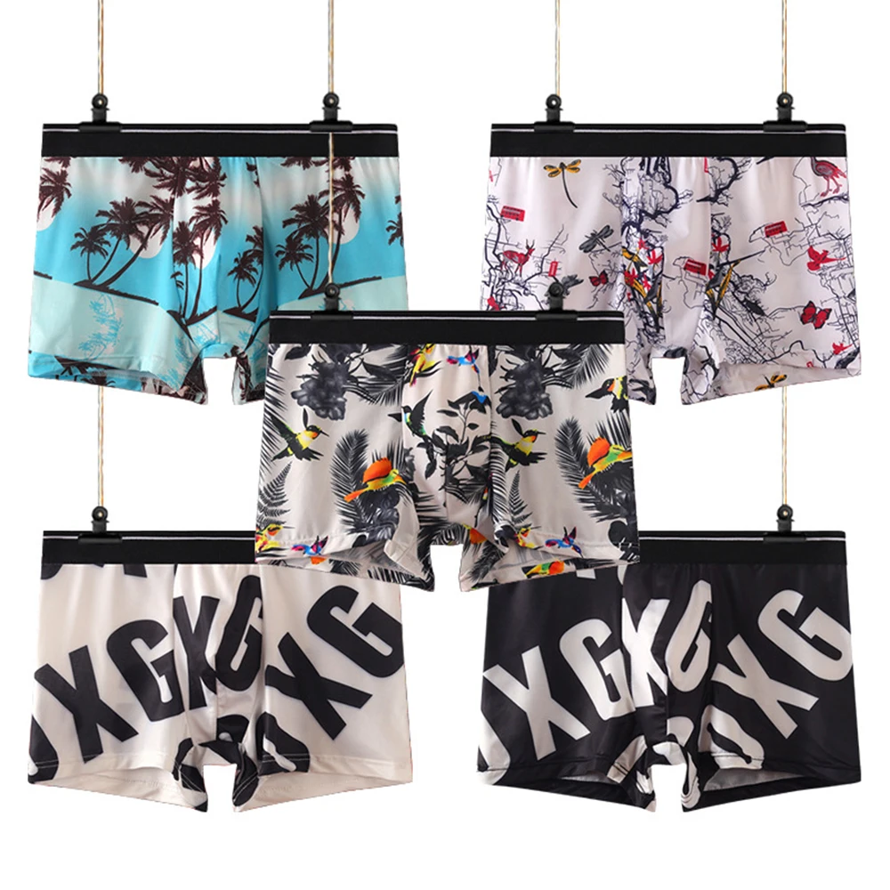 Men Ice Silk Underwear Camouflage Printed Boxer Hawaiian Style Briefs Bulge Pouch Soft Underpants Trunks Sleep Bottoms 