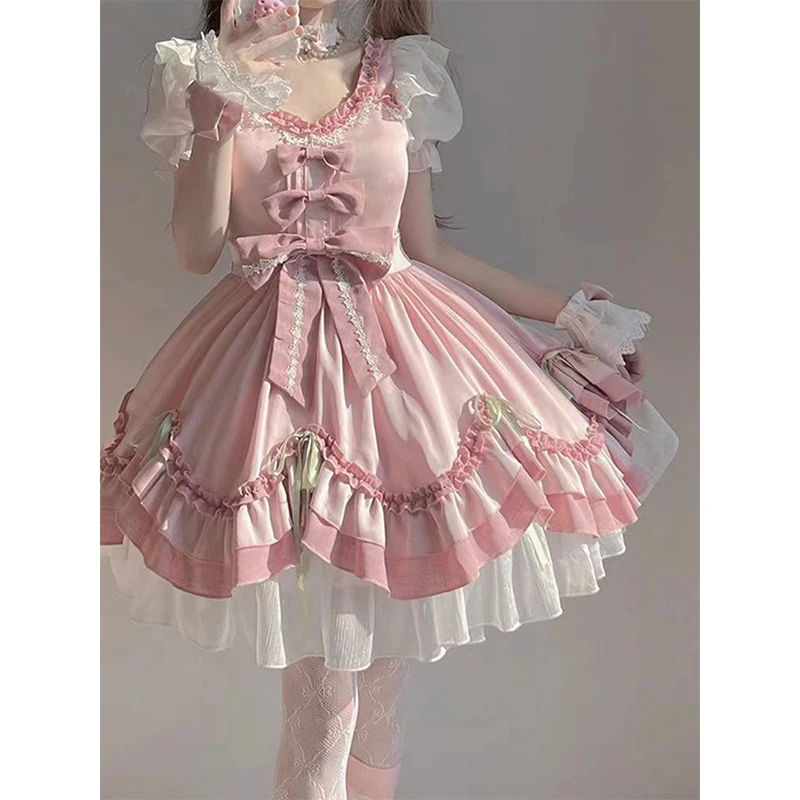 MEXZT 일본 로리타 핑크 미니 드레스 여성 카와이 귀여운 보우 프릴 드레스 여름 파티 댄스 파티 퍼프 반소매 Bodycon Vestidos