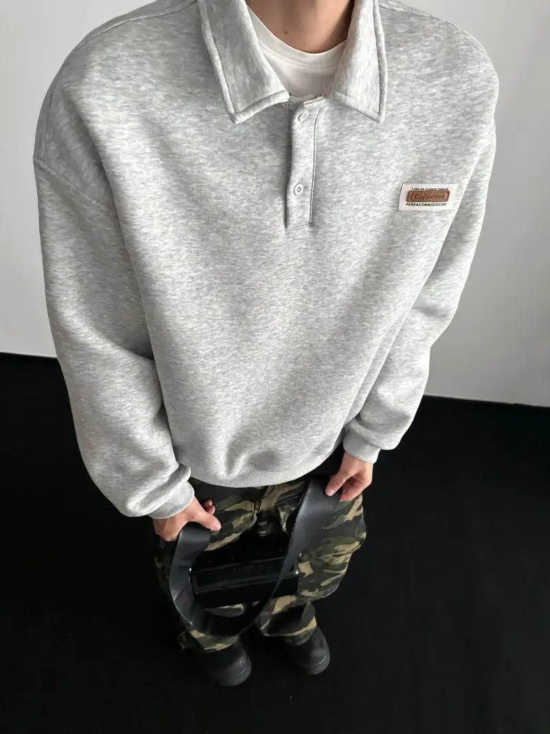 Autumn Men's Casual Solid Color Polo Neck Sweatshirt American Style Couple Loose Long Sleeve Turn down Collar Top Hoodies
