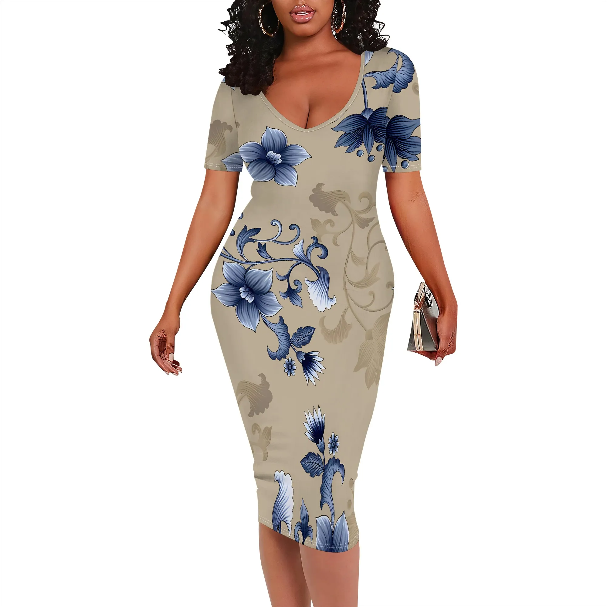 Nupusa Floral Print Dress for Women Standard Size Summer Elegant Square Neck Short Sleeve Bodycon Dress