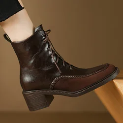 Women's genuine leather patchwork lace-up autumn ankle boots 5cm thick med heel round toe side zip short booties shoes for woman