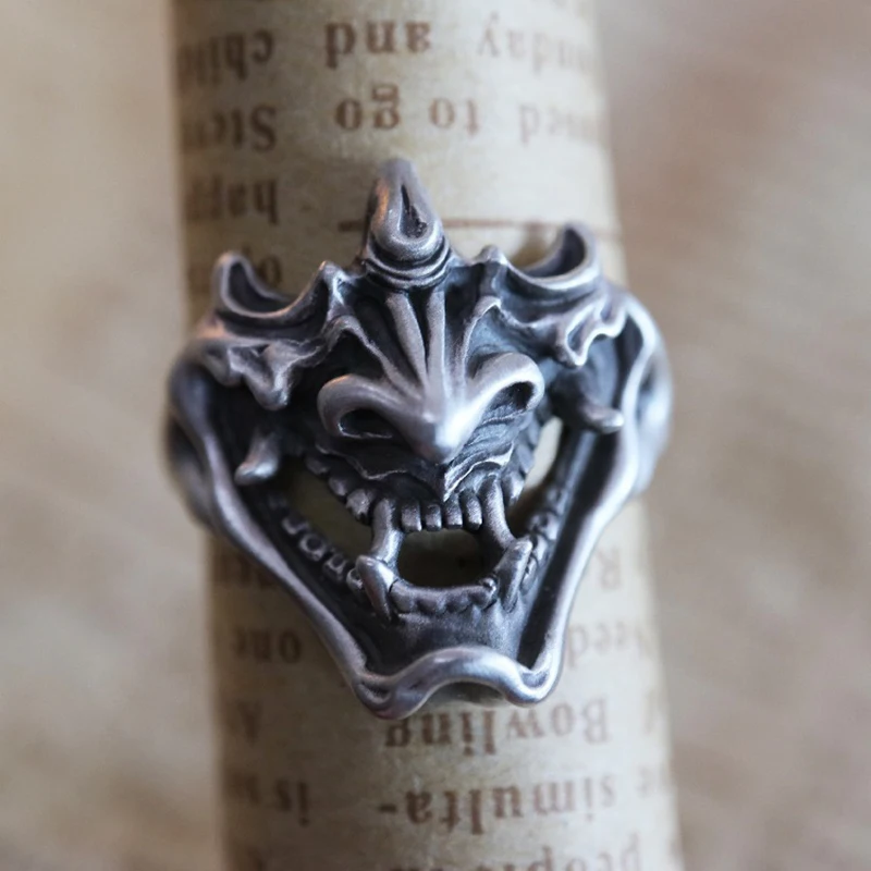 Retro Devil Mask Mouth Rings for Women Men Prajna Skeleton Silver Color Japanese Style Rock Hip Hop Ring Trendy Jewelry Gift