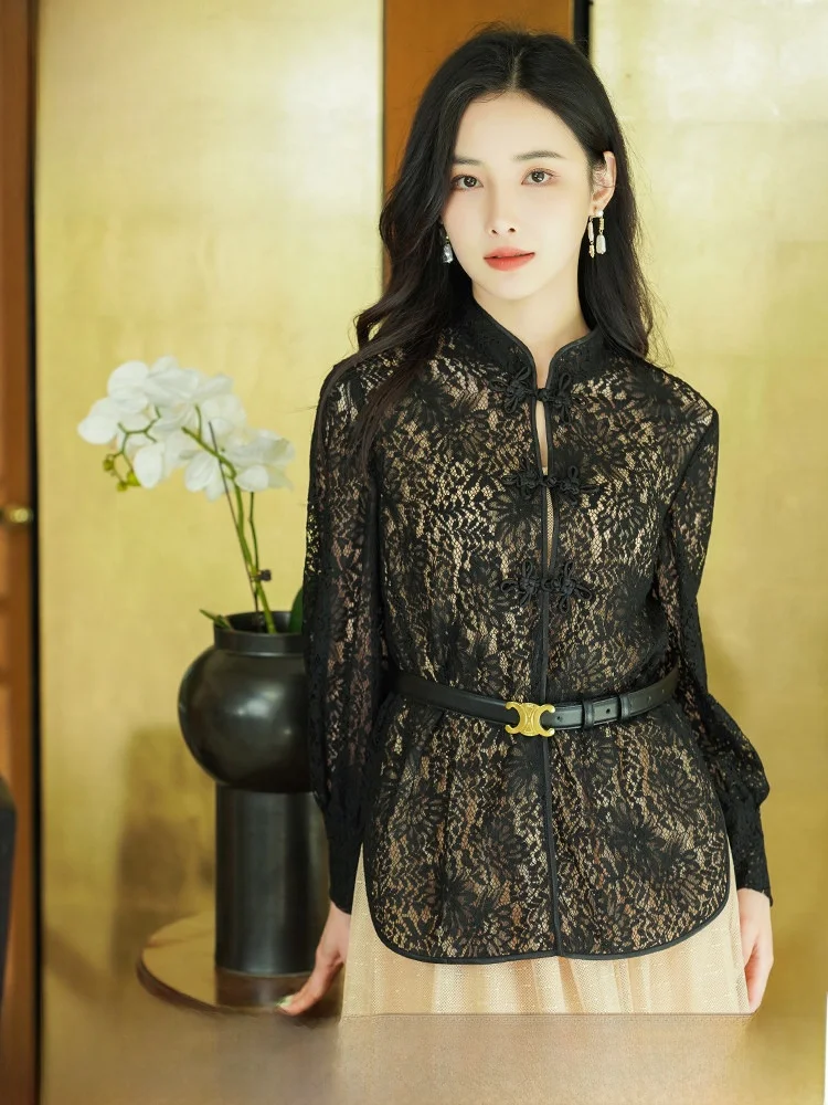 

Ele Red Face Qinheng Spring irt New Chinese Sle Stand Collar Lace Flavorful Nylon Material Women's Top