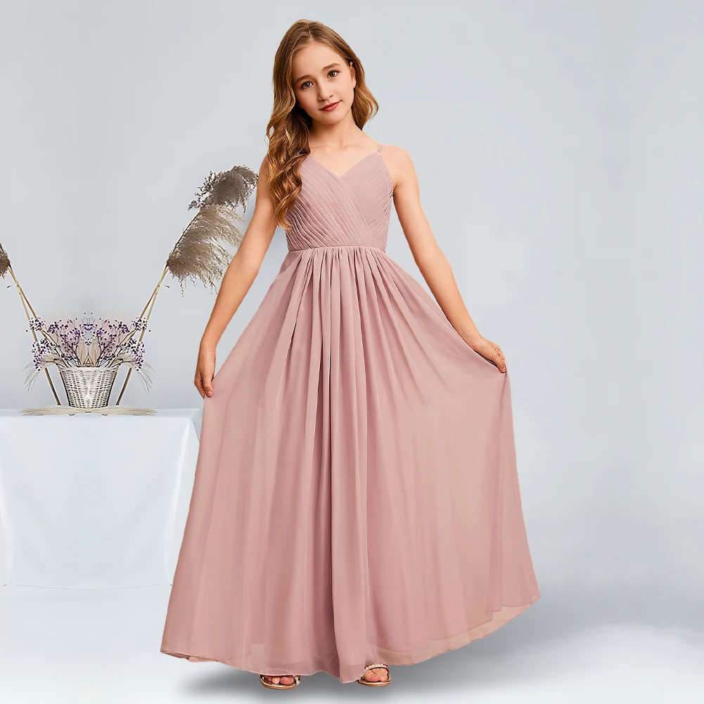 Elegant A-Line V-Neck Floor-Length Chiffon Junior Bridesmaid Dresses Dusty Rose Stunning Flower Girl Dresses Party Wedding Kids