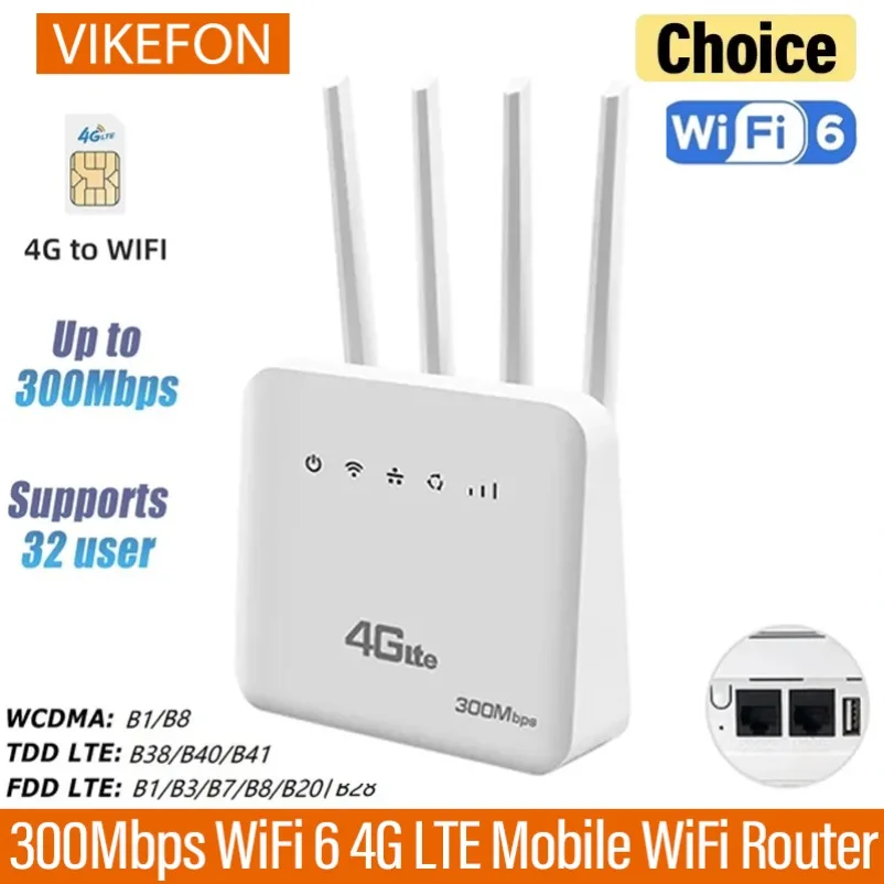 300Mbps 4G LTE Wireless Router SIM Modem Mobile WiFi Hotspot Support 32 Devices Suitable For Asia Africa Europe Network Bands